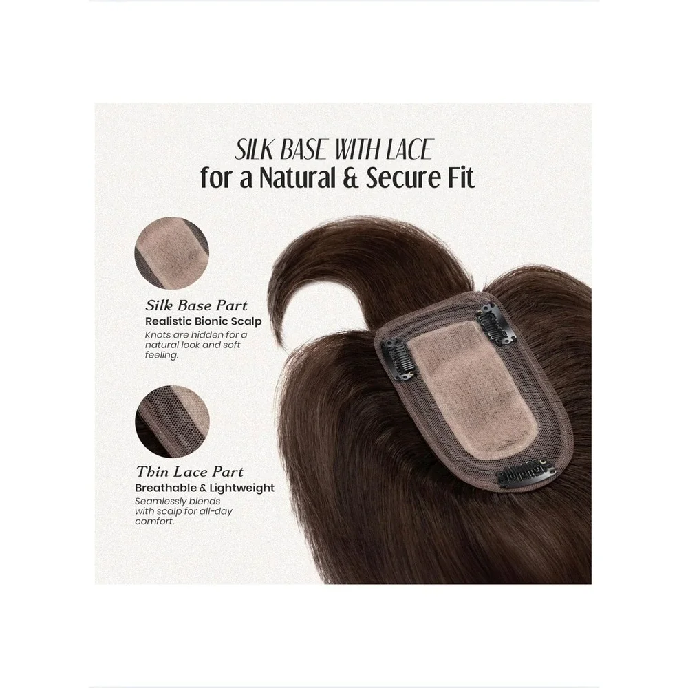 MY-LADY Human Hair Topper with Bangs 18 Inch Dark Brown Silk Base Remy Hairpiece